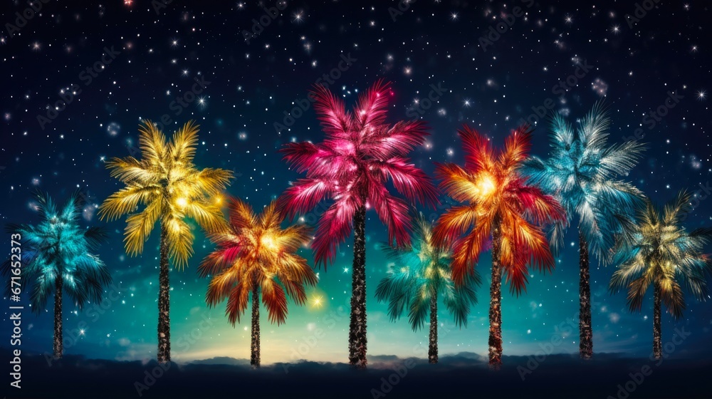 Christmas Palm Tree. Festive Holiday Background with Brightly Decorated
