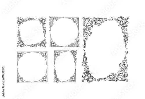 Hand drawn vector abstract outline,graphic,line art vintage baroque ornament floral frames set in minimalistic modern style.Baroque floral vintage outline design concept.Vector antique frame isolated.