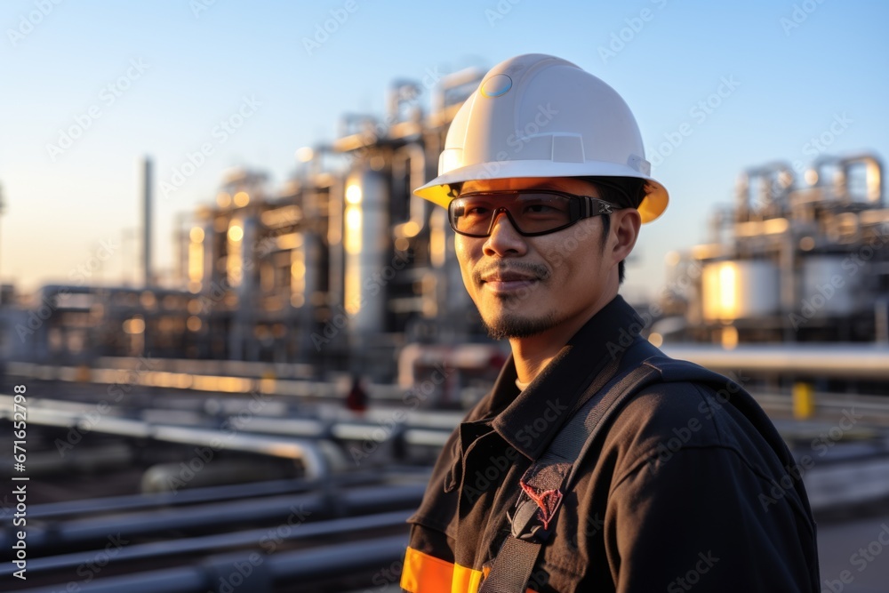 Front view Portrait of young Asian male engineer wearing safety helmet and standing against oil refinery background. Generative AI Front view Portrait of young Asian male engineer wearing safety helmet and standing against oil refinery background. Generative AI