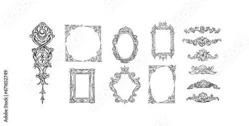 Hand drawn vector abstract outline,graphic,line art vintage baroque ornament floral frames set in minimalistic modern style.Baroque floral vintage outline design concept.Vector antique frame isolated.