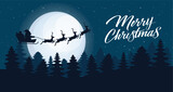 Santa Claus and reindeer flying on sky night full moon. Merry Christmas banner. Holiday background. Vector stock