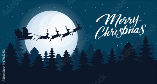 Santa Claus and reindeer flying on sky night full moon. Merry Christmas banner. Holiday background. Vector stock