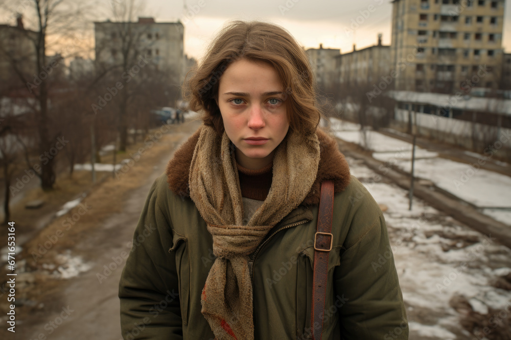 Poor beautiful teenage girl in dirty clothes against the backdrop of the ghetto. Poor and crime-ridden area of the city. Poor beautiful teenage girl in dirty clothes against the backdrop of the ghetto. Poor and crime-ridden area of the city.