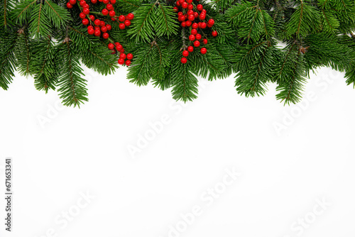 Christmas tree border decorated with red berries isolated on white background, greeting card template