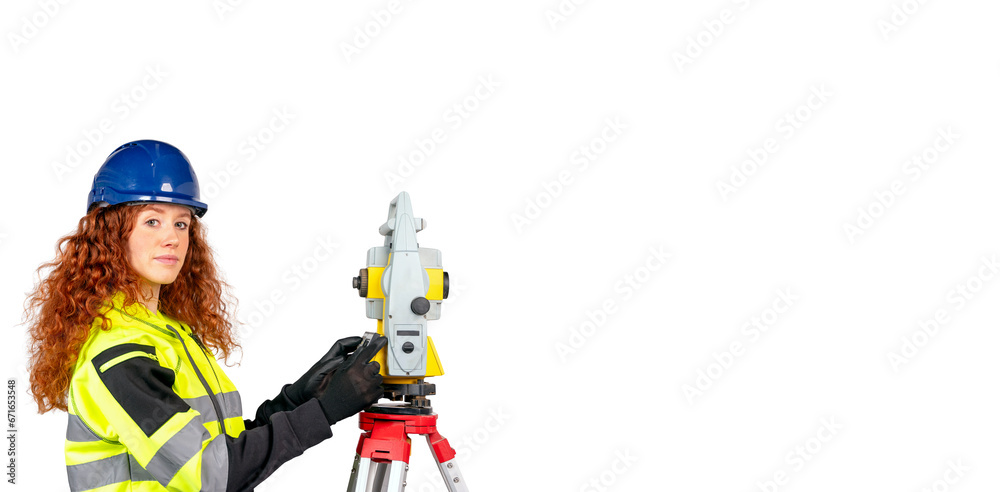 Construction site engineer woman in safety equipment working with surveying total station EDM instrument isolated on white background. Building, developing, construction and architecture concept. Construction site engineer woman in safety equipment working with surveying total station EDM instrument isolated on white background. Building, developing, construction and architecture concept.