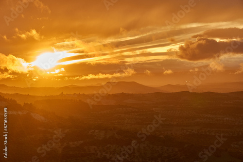 Panoramic views of the sunset over La Alcarria from Trijueque. Guadalajara. Castilla la Mancha. Spain  photo