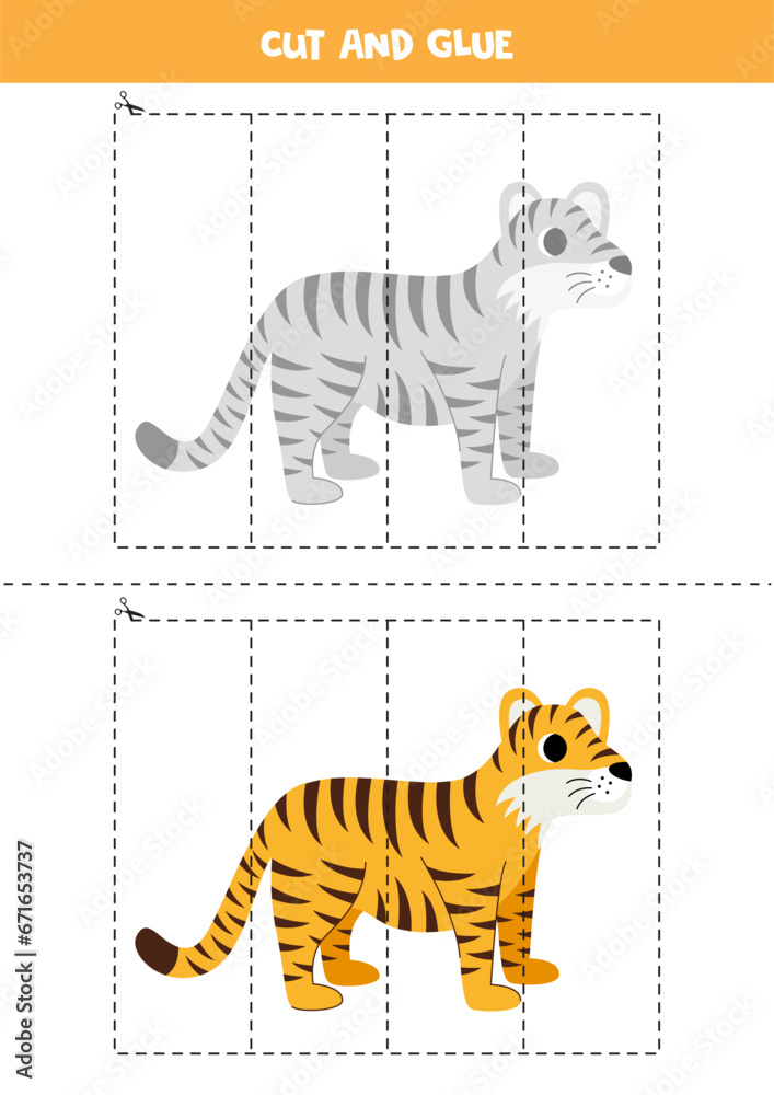 Obraz premium Cut and glue game for kids. Cute cartoon tiger.