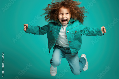 Cute little girl with beautiful curly hair in a turquoise jacket jumps with happiness and smiles on a green background.