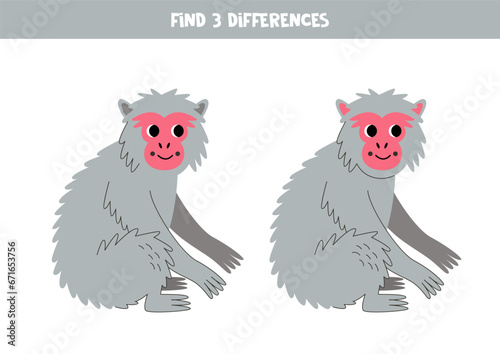 Find 3 differences between two cute cartoon Japanese macaques.