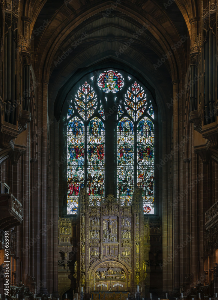 Beautiful architecture design inside of Liverpool Cathedral. Perspective view of a magnificent inside the church, it's the world's largest Anglican cathedral church building, Selective focus.
