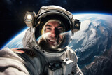astronaut in outer space takes a selfie against the backdrop of the planet. close-up