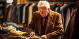 Elderly gentleman carefully inspecting the stitching and fabric of a jacket, checking for quality , concept of Attention to detail
