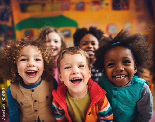 Happy kids having fun in kindergarten. Diverse children
