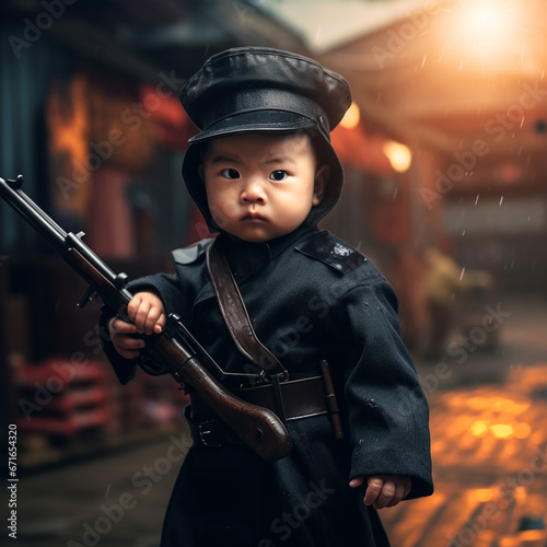  Asian baby boy, Chinese SWAT black attire, Rain, Be caught in the rain, Night with a rifle, Staring at the audience., Pay attention to the face,  photo