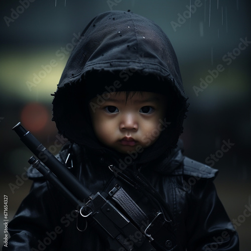  Asian baby boy, Chinese SWAT black attire, Rain, Be caught in the rain, Night with a rifle, Staring at the audience., Pay attention to the face,  photo