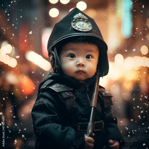  Asian baby boy, Chinese SWAT black attire, Rain, Be caught in the rain, Night with a rifle, Staring at the audience., Pay attention to the face,  photo