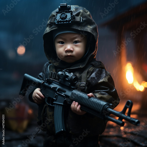  Asian baby boy, Chinese SWAT black attire, Rain, Be caught in the rain, Night with a rifle, Staring at the audience., Pay attention to the face,  photo