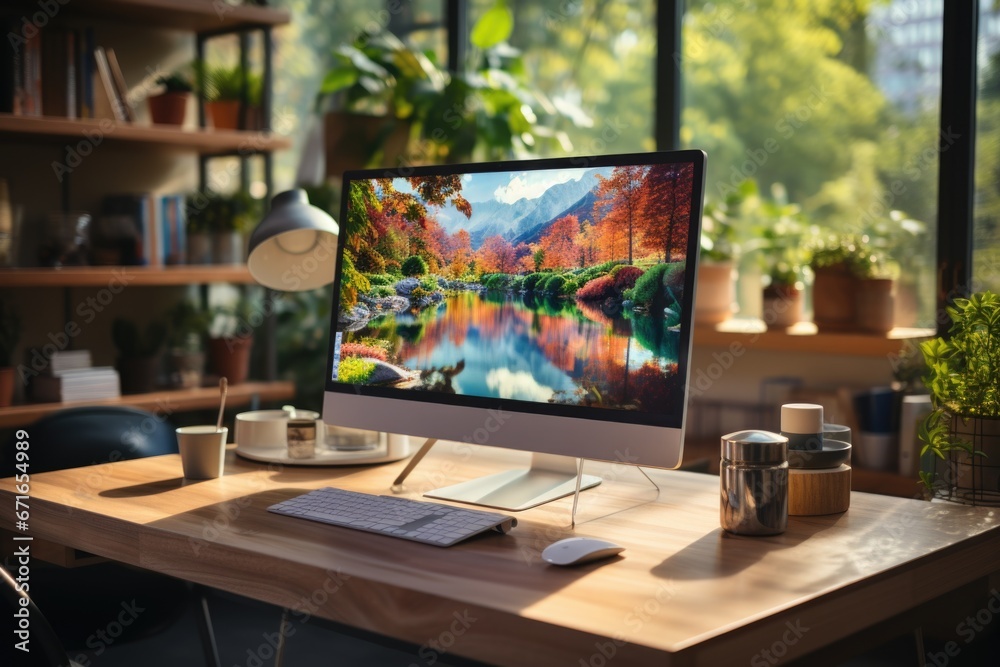 Modern luxury computer screen with blank screen and coffee cup on wooden table in office Generative AI Modern luxury computer screen with blank screen and coffee cup on wooden table in office Generative AI