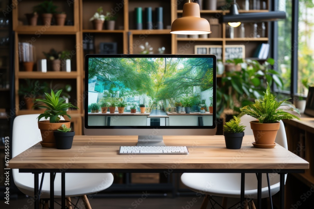 Fototapeta premium New Modern luxury computer screen with blank screen and coffee cup on wooden table in office Generative AI
