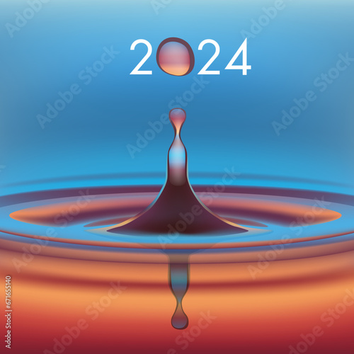 Carte de voeux écologique avec une goutte d’eau en suspension, symbole de pureté, qui forme le zéro de l’année 2024.