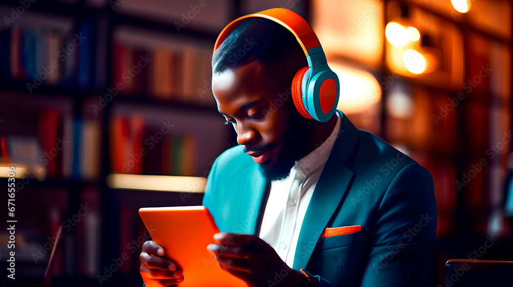 An African-American man listening to music with headphones. Eye-catching colors. Space for text. - obrazy, fototapety, plakaty 