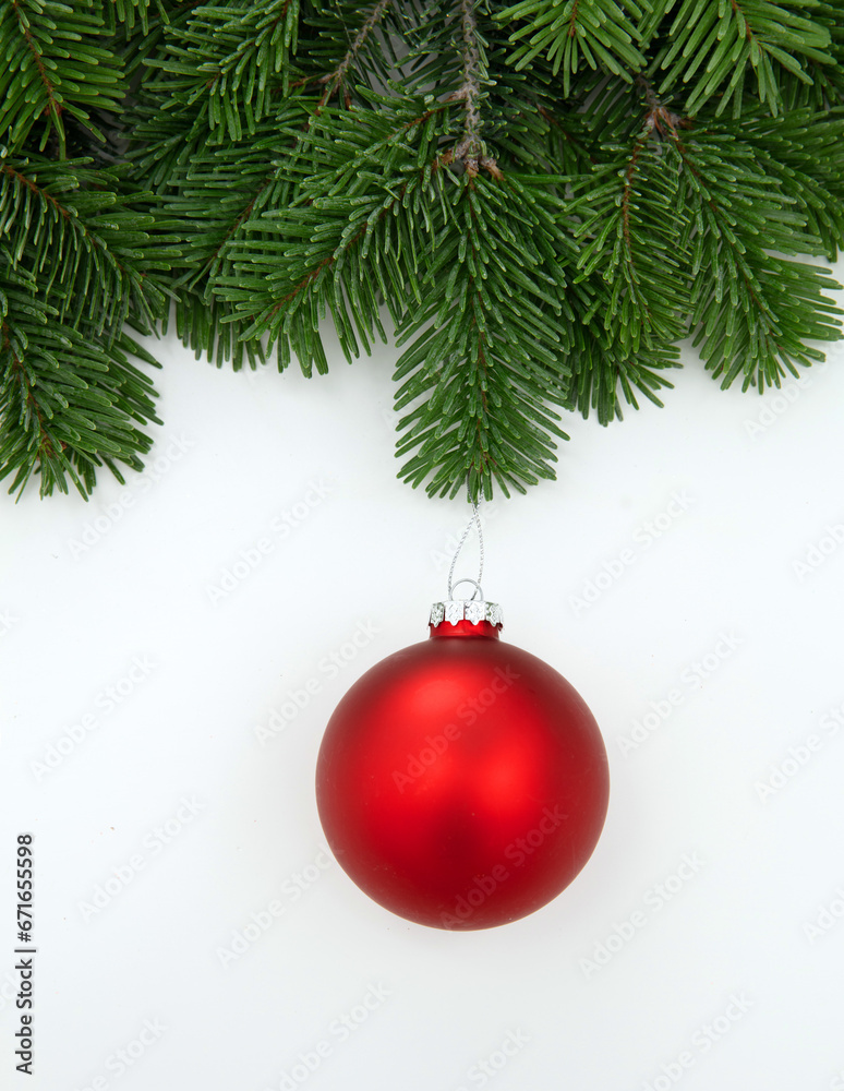 Christmas season greeting card template, red Xmas bauble hanging on fir twig isolated on white background, 