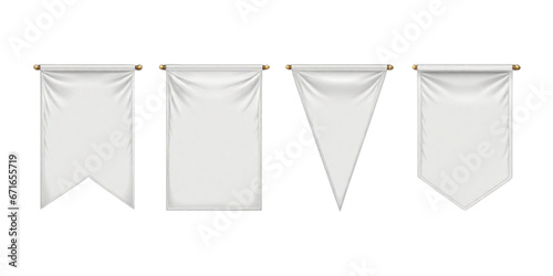 Set of White Pennant Flags Mock-Up: Blank Vertical Banners on Flagpoles. Isolated Medieval Heraldic Empty Ensign Templates. Vector Illustration