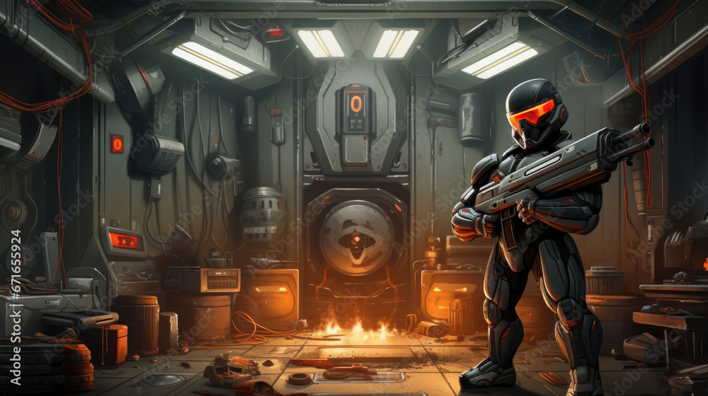 Scifi room with an army soldier on the sci fi room with fire flame Generative AI Scifi room with an army soldier on the sci fi room with fire flame Generative AI