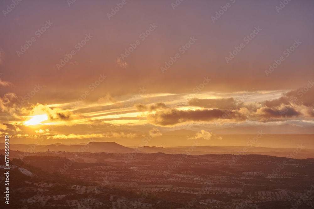Panoramic views of the sunset over La Alcarria from Trijueque. Guadalajara. Castilla la Mancha. Spain 