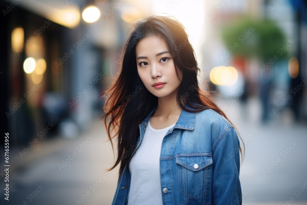 Obraz premium Young Asian woman serious face portrait on city street