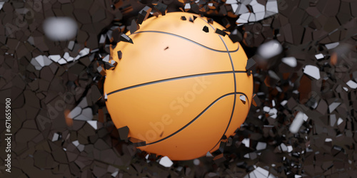 Basketball orange color ball breaks with great force a black wall background texture. 3d render