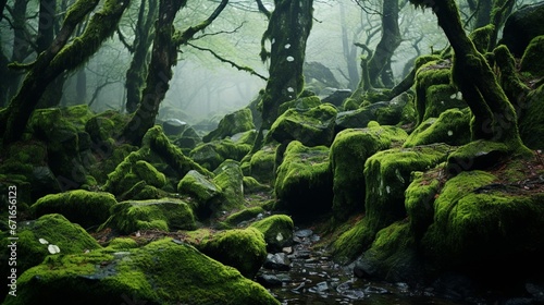 Moss-covered rocks in a damp forest, evoking a sense of timelessness and tranquility.