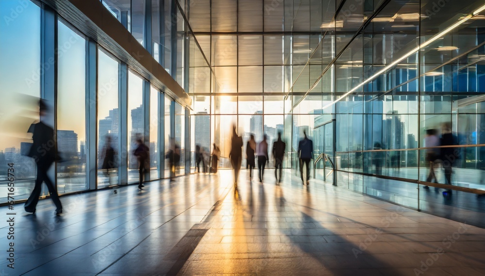 Image of the hall of a glazed office building with unrecognisable people walking in a blurred image simulating long exposure to the golden hour. Image of the hall of a glazed office building with unrecognisable people walking in a blurred image simulating long exposure to the golden hour.