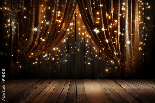 Celebrate event on stage with curtain and gold sparkles, happy new year
