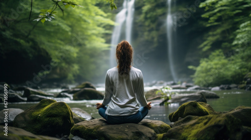 Young woman meditating by the lake