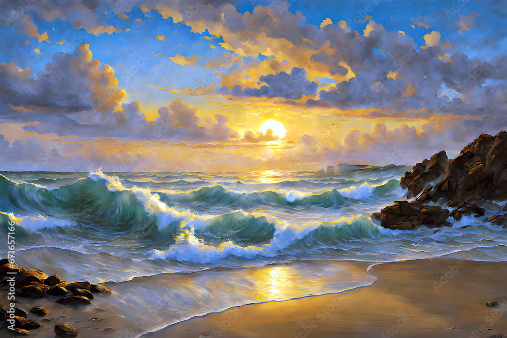 beautiful oil landscape painting of waves crashing on a rocky beach near sunset - obrazy, fototapety, plakaty 