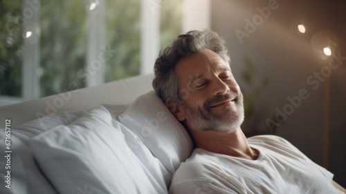 Adult man sleeps peacefully with a smile in bed in the morning. Relax time