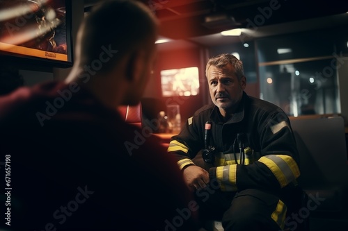 Firefighter sitting and listening boss who is talking about instruction how they gonna extinguish the fire
