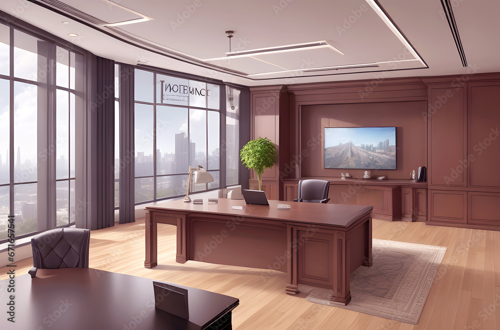 Fototapeta premium Stylish home office or library, comfortable seating, and inspiring views, modern home and office interion design