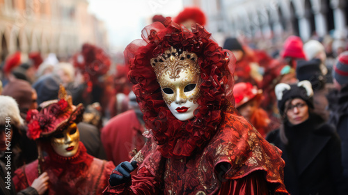 Masked crowds parading at Venice Carnival, Italy.