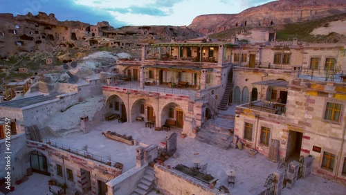 Drone view of city in cappadocia at sunset