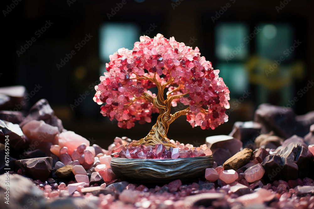 Handcrafted pink gemstone tree surrounded by a curated collection of ...