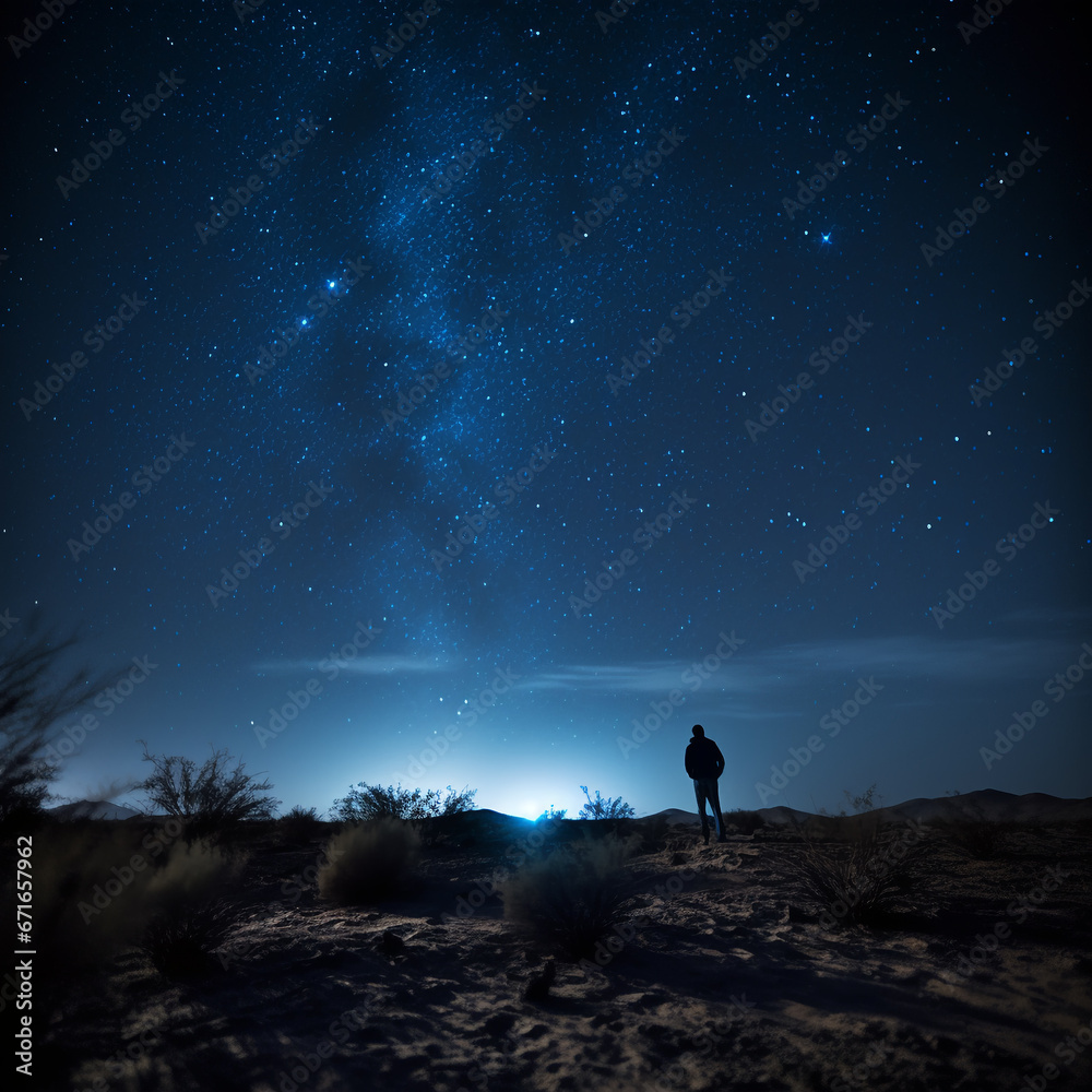 Night sky with stars and silhouette of a standing alone man