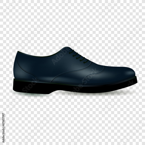 Shoe realistic. Stylish black men oxford boot on shoelace isolated on transparent background photo