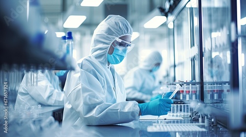 scientists in protective wear conducting research in modern laboratory, ideal for medical and scientific themes photo