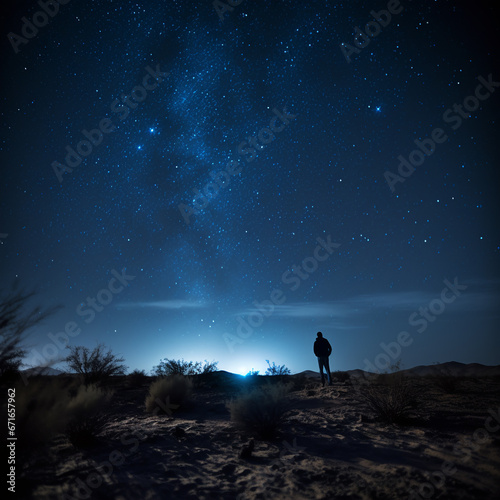 Night sky with stars and silhouette of a standing alone man