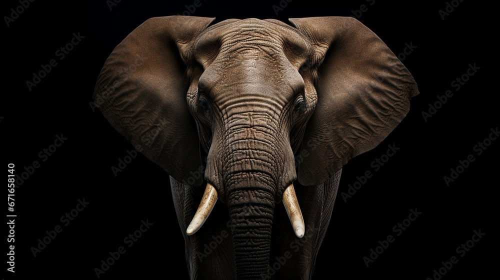 Naklejka premium An elephant on a black background, front view