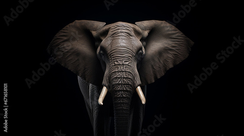An elephant on a black background  front view