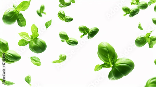 Basil leaves floating in the air on a white background