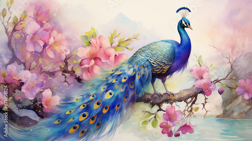 A peacock on a branch full of flowers watercolor painting photo